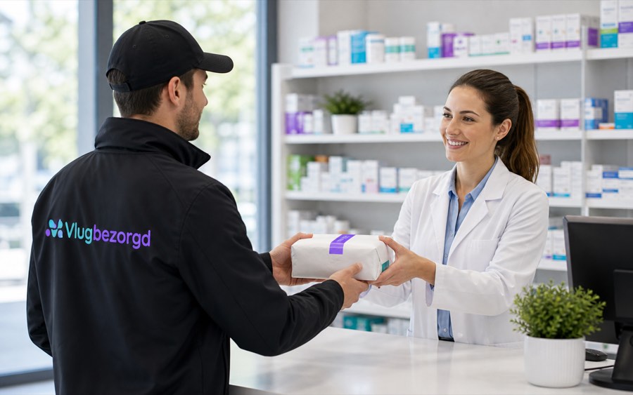 Apotheek koerier met Vlugbezorgd medicijnpakket